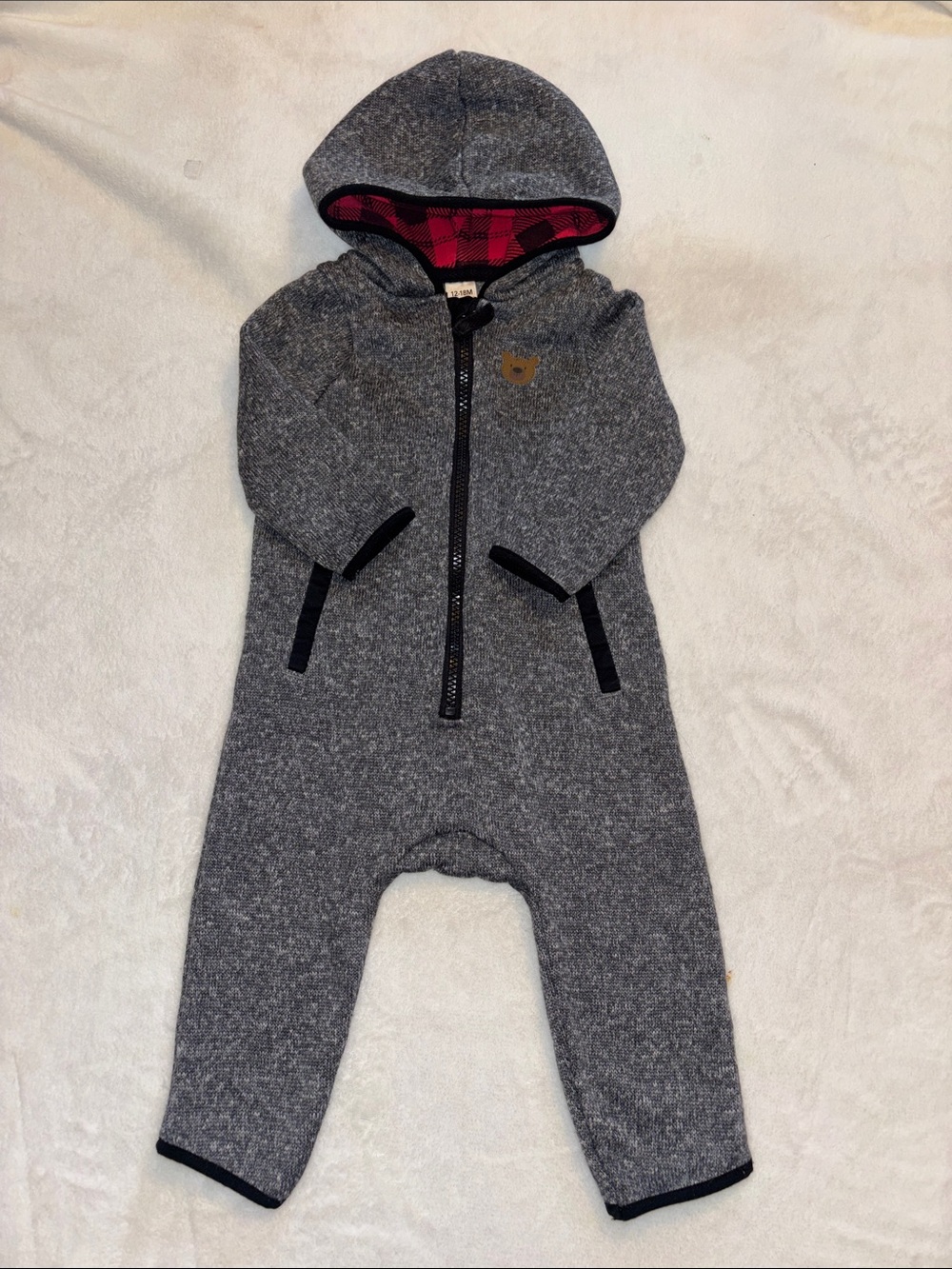 George 12-18 month Cozy Gray Hooded One-Piece for Kids - Soft Fleece Jumpsuit